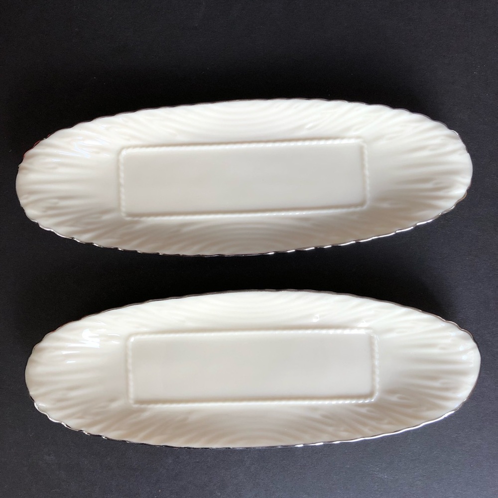 2 Vintage Lenox Bone China Ivory Open Butter Tray Platinum Trim 9" x 3" NWOT